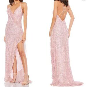 MAC DUGGAL 43317 RUFFLE BEADED STRAPPY BACK ICE PINK THIGH SLIT GOWN DRESS sz 2